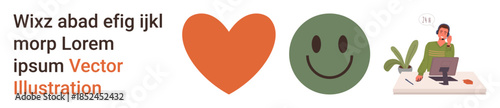 Emotional well-being, productivity, communication, work-life balance, creativity, positivity. Heart and happy face next to an office worker at a desk. Emotional well-being and productivity concept