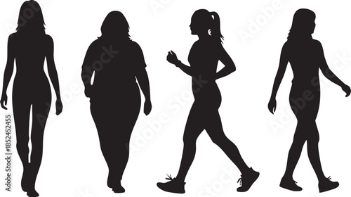 Set of black female silhouettes walking and running on a clean white background