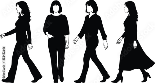 Set of black female silhouettes walking and running on a clean white background