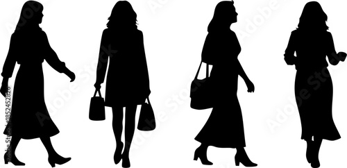 Black silhouettes of four elegant women in trendy dresses on a white background