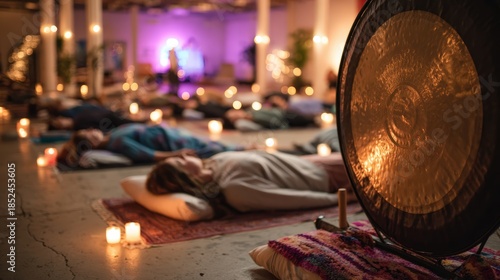 Group meditation class participants lying on yoga mats with blankets during sound healing therapy session with instructor playing large gong in foreground at community wellness studio retreat space.