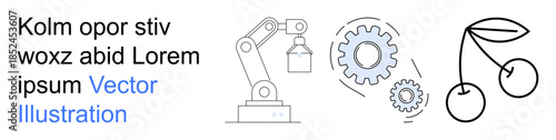 Automation, industry design, minimalism art, engineering, machine learning, innovation. Robotic arm with gears and cherries design. Automation and industry design inspiration