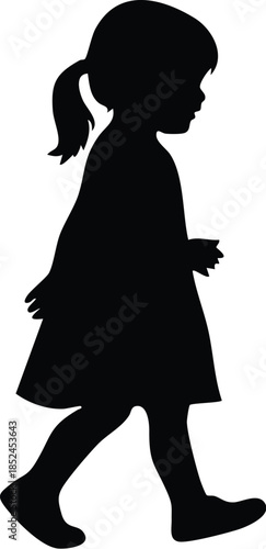 Black silhouette of a little girl in a dress walking on a white background