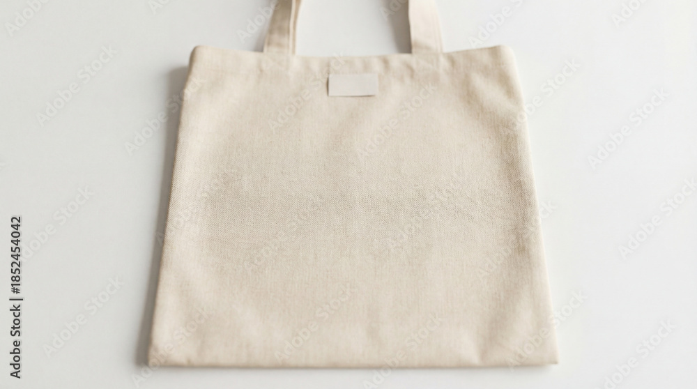 Fototapeta premium Blank tote bag on white background. Cotton tote bag mockup with label patch for Earth Day promo, eco retail branding, reusable tote bag for grocery shopping, minimal product photo studio