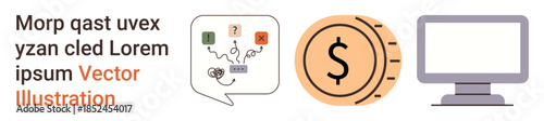 Finance, technology, decision-making, business tools, communication, investment strategy. Set of icons including conversation bubble, dollar coin and desktop computer. Finance and technology