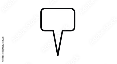 Minimalist black outline of a map location pin pointer icon with a rectangular speech bubble shape for gps navigation apps.
