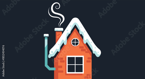 Cozy red brick house with a snow-covered roof and smoke coming from the chimney during a cold winter night illustration.