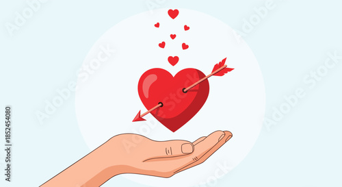 Human hand gently holding a red heart pierced by a cupid's arrow symbolizing love romance and valentine's day celebration.