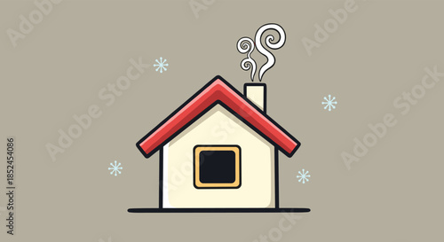 Simple and cute cartoon illustration of a cozy winter house with a red roof and smoke from its chimney as snowflakes fall.