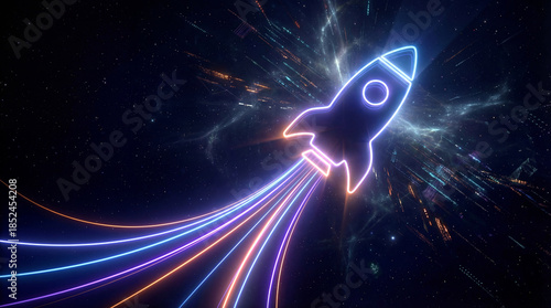 Neon rocket flies through deep space. Glowing rocket icon with rocket light trails for startup product launch, for newyear campaign, futuristic cosmos background with copy space, night vibe