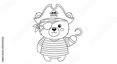 Cute teddy bear pirate character coloring page for children with an eyepatch a skull hat and a hook for a hand illustration.