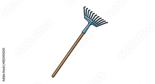 Simple cartoon vector illustration of a garden leaf rake with a long wooden handle and a blue head for yard maintenance.