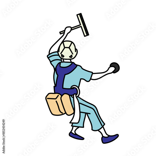 ガラスを掃除する清掃スタッフを描いた親しみやすいキャラクターイラスト｜仕事やサービス業のイメージとして使いやすい清掃作業の人物表現