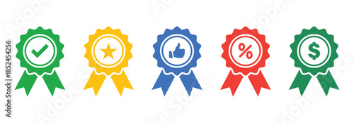 award badge with ribbon icons set check star like percent money vector illustration