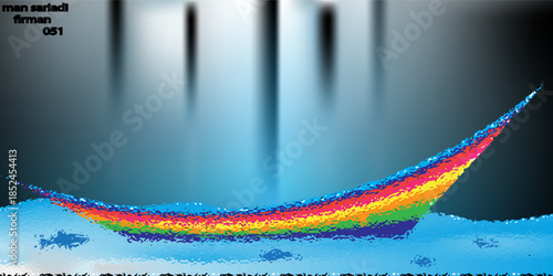 Vector illustration of a storm at sea. Cartoon scene of a beautiful landscape with a boat with a white and orange sail among big sea waves, rocks on the horizon.