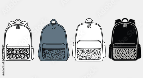 Set of four school or travel backpacks with leopard print pockets shown in different color schemes and outline versions.