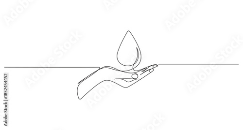 Continuous Line Drawing of Hand Holding a Water Drop, Water Conservation Concept
