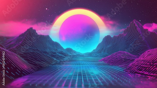 Retro synthwave landscape, glowing moon, digital art, futuristic background, game design