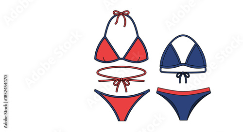 Two sets of women's two-piece bikini swimsuits in red and blue colors for summer beach vacations and swimming in the pool.