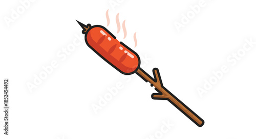 Hot grilled sausage steaming on a pointed wooden stick representing a campfire cookout picnic or outdoor barbecue meal.