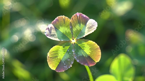 Close-up of a sunlit four-leaf clover displaying green and yellow variegation in a lush blurred background