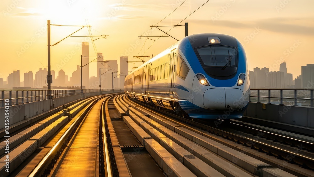 Fototapeta premium High Speed Bullet Train Speeding on Tracks toward a City Skyline at Sunset