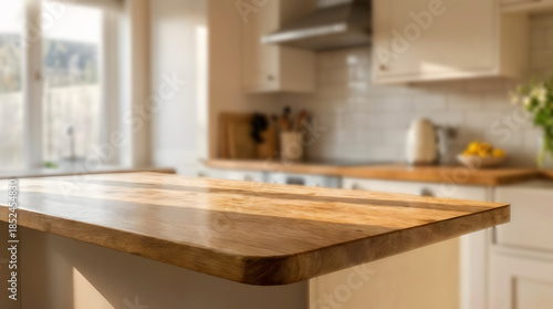 Rustic wood table surface with blurred kitchen interior