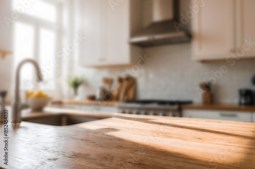 Rustic wood table surface with blurred kitchen interior