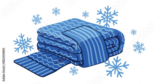 Folded blue striped winter blanket or quilt surrounded by stylized snowflakes symbolizing warmth and coziness during cold weather.