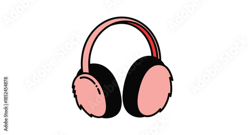 Cute cartoon illustration of fluffy pink and black winter earmuffs for keeping ears warm during cold weather and snow.