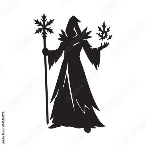 Dark Wizard Casting Ice Magic Spell Silhouette Vector Illustration