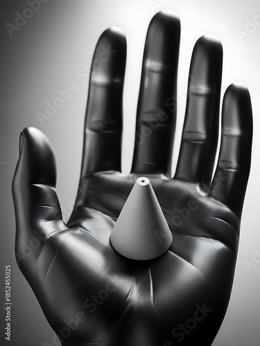 Futuristic interface device displayed atop a sleek, dark gloved hand