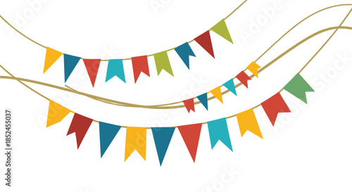 Colorful bunting flags on strings waving in the wind for a birthday party festival carnival or holiday celebration decoration.