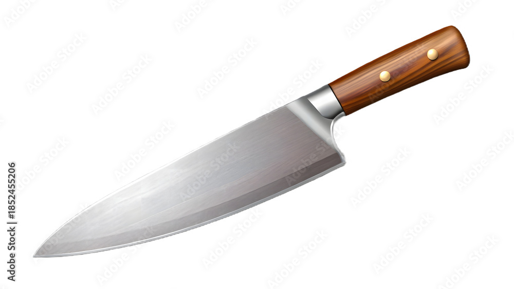 Fototapeta premium Sharp Chef's Knife with Wooden Handle and Metal Blade on White Background kitchen