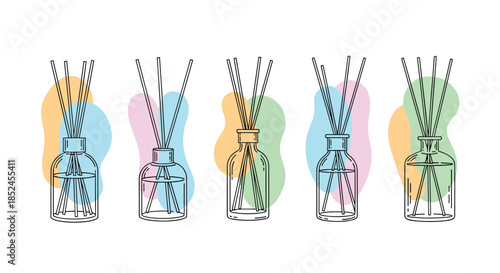 Set of five reed diffusers in various glass bottles with abstract pastel color shapes in the background for a modern look.