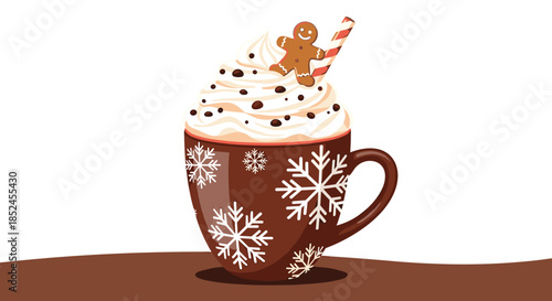 Festive mug of hot chocolate with whipped cream a gingerbread man and a candy cane straw decorated with white snowflakes.