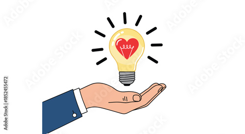 Businessman's hand holding a glowing lightbulb with a red heart inside symbolizing passion creativity and innovative ideas.