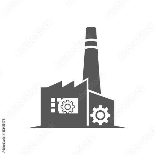 Industrial factory building with gears icon representing manufacturing and production.