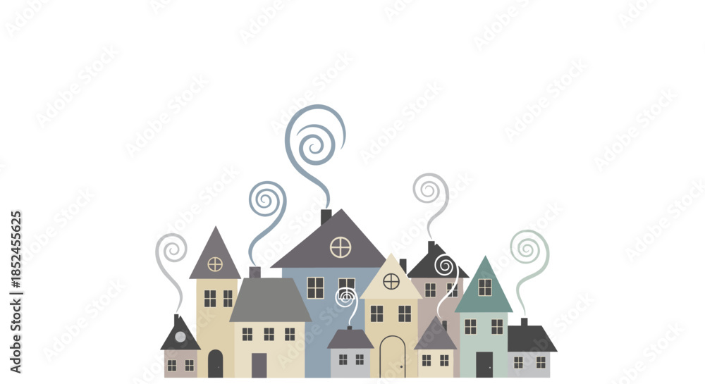 Fototapeta premium Charming little town or village of cozy houses with whimsical smoke spiraling from the chimneys during the winter season.
