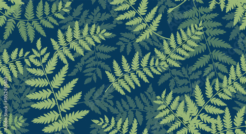 A lush, verdant pattern of overlapping green fern leaves on a rich dark blue background, evoking a dense, serene forest floor.