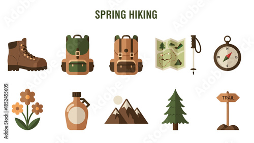 A collection of ten brown and green flat design vector icons for spring hiking activities