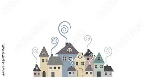 Charming little town or village of cozy houses with whimsical smoke spiraling from the chimneys during the winter season.
