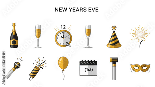 A graphic set featuring ten black and gold New Years Eve icons on a white background