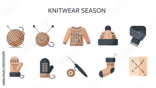 A grid of nine flatdesign icons related to knitting and winter wear