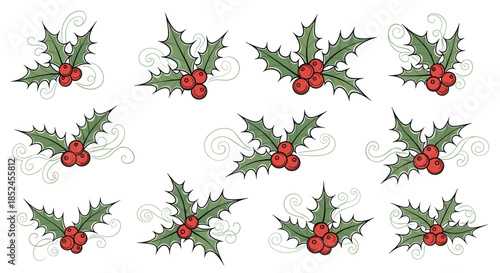 Set of hand-drawn vintage-style Christmas holly branches with red berries and green leaves decorated with whimsical swirls.