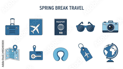 Bluetoned graphic icons illustrating spring break travel necessities laid out in two rows