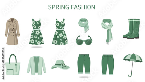 An illustration displaying various spring fashion items in shades of green and beige
