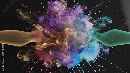 Vivid, swirling clouds of colorful fluid burst from tubes, against a black background