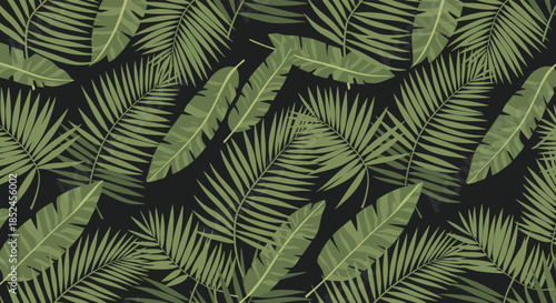 Seamless tropical pattern featuring lush green palm and banana leaves on a dark background, ideal for textiles and wallpapers.