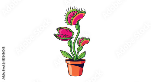Cute cartoon illustration of a Venus flytrap carnivorous plant with three open traps sitting in a small terracotta flower pot.